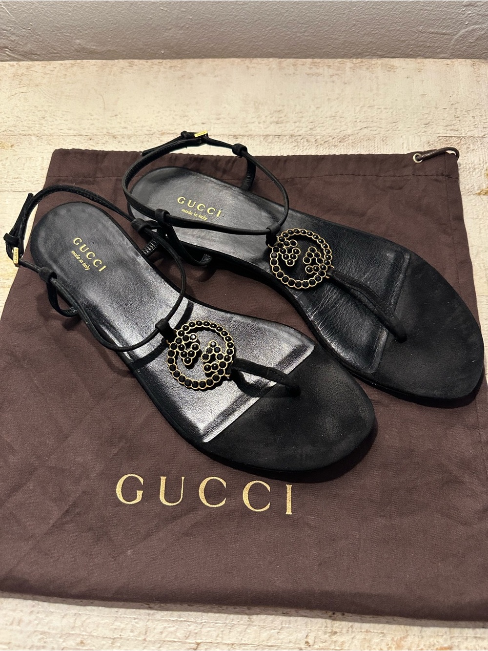 Gucci Crystal Interlocking GG Thong Sandals Black Leather